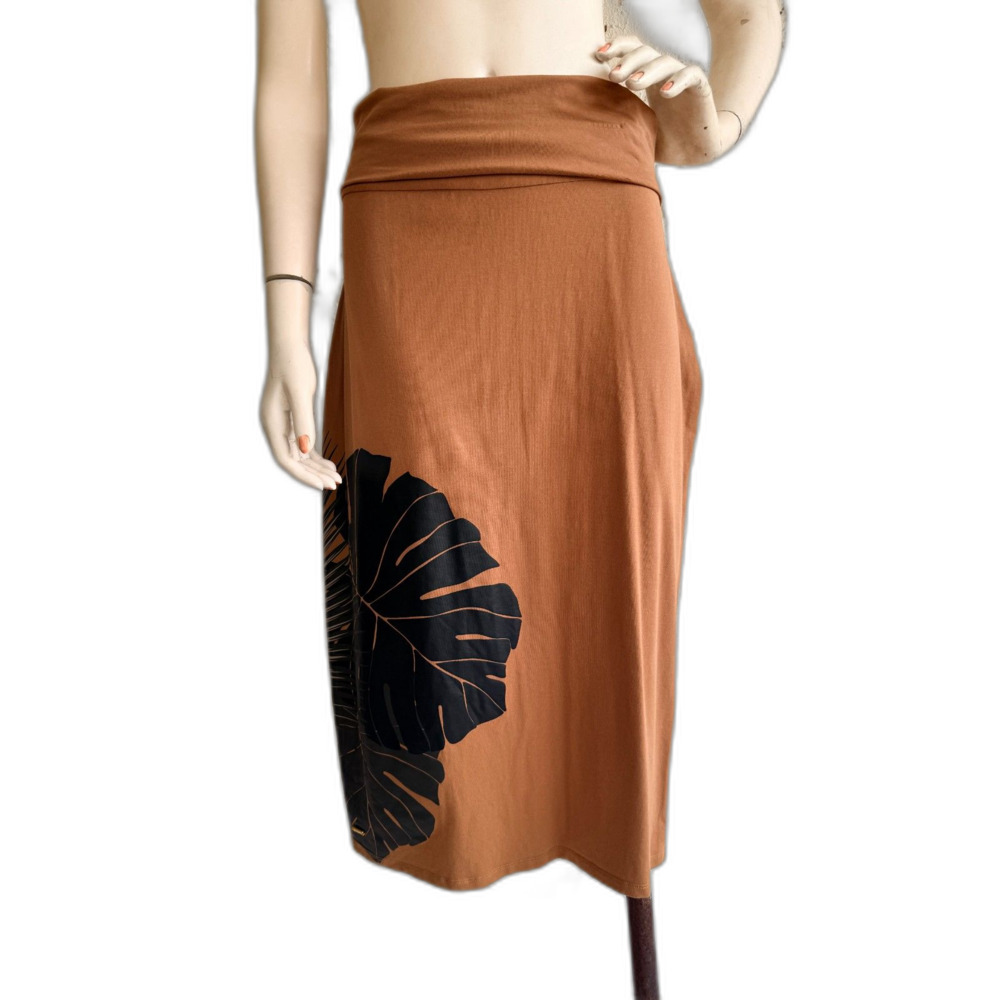 TANOA Samoa Skirt Size Plus 3XL Brown Black Floral Stretch Jersey Hawaii Aloha